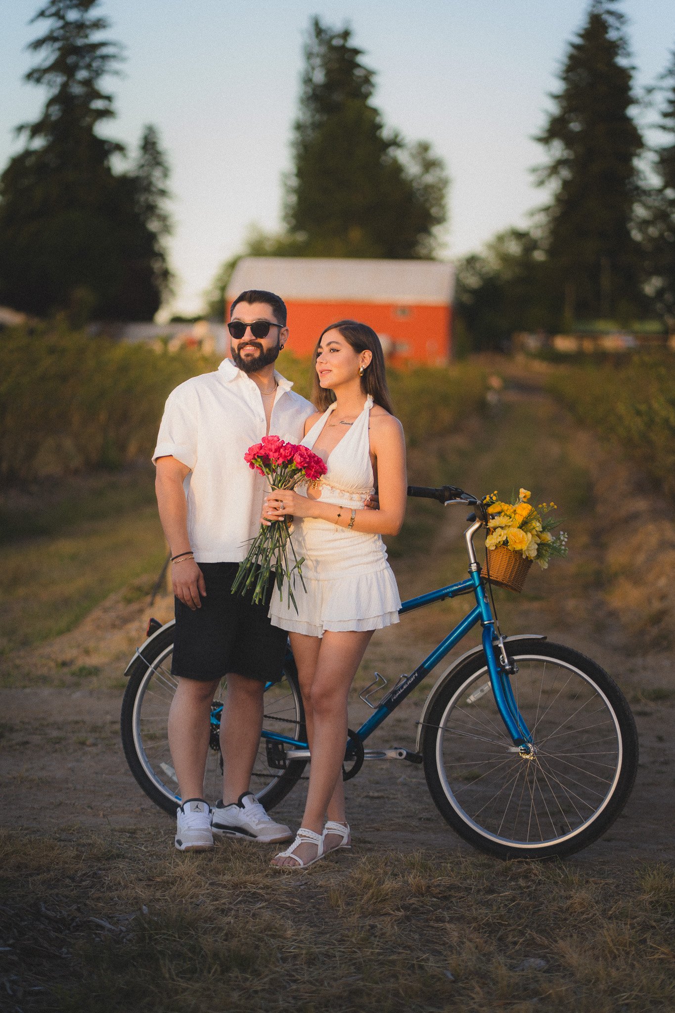 Couple with a vintage bicycle and red roses at sunset